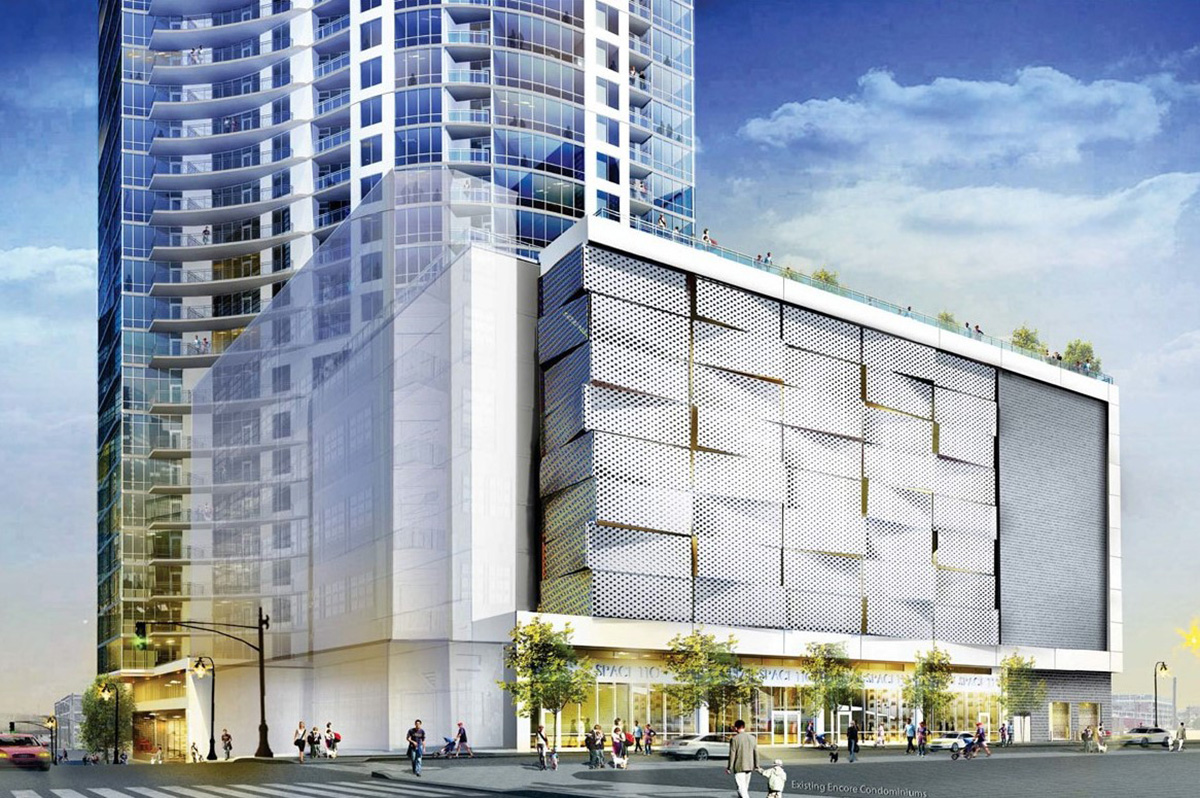 Another rendering of the facade on the parking structure, showing it in context with the building.