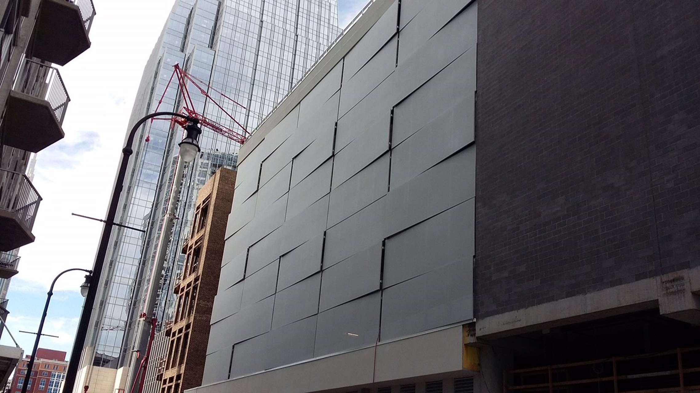 A side view of facade showing the panels sticking out.