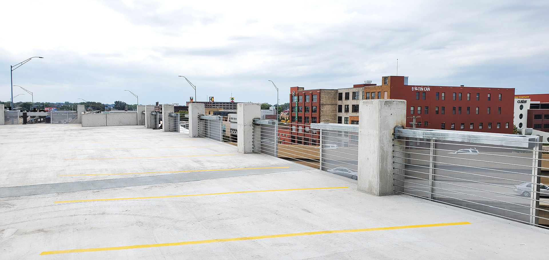 A view of the facades from the top of the parking garage.