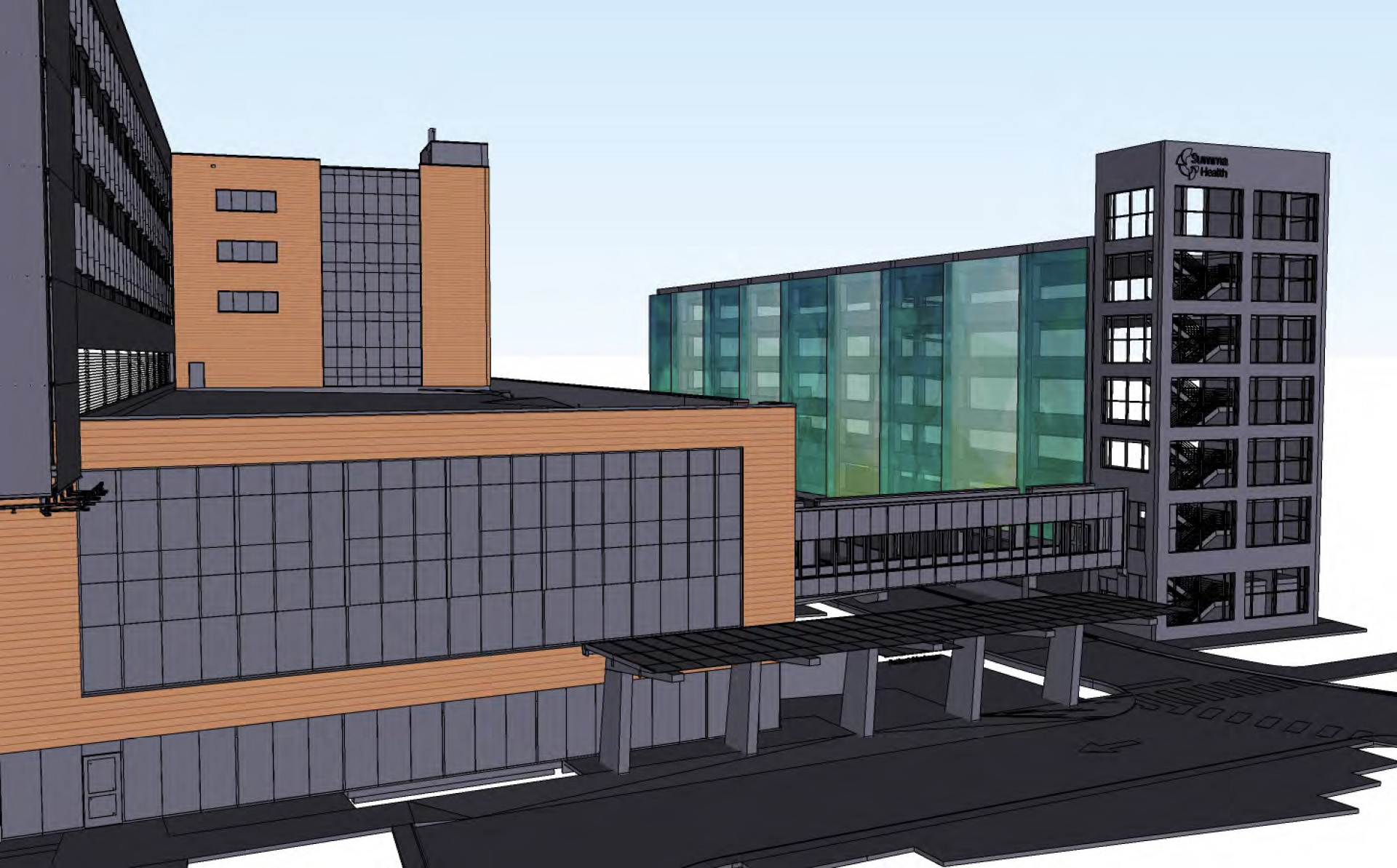 A rendering of the entire building showing the facade in context.