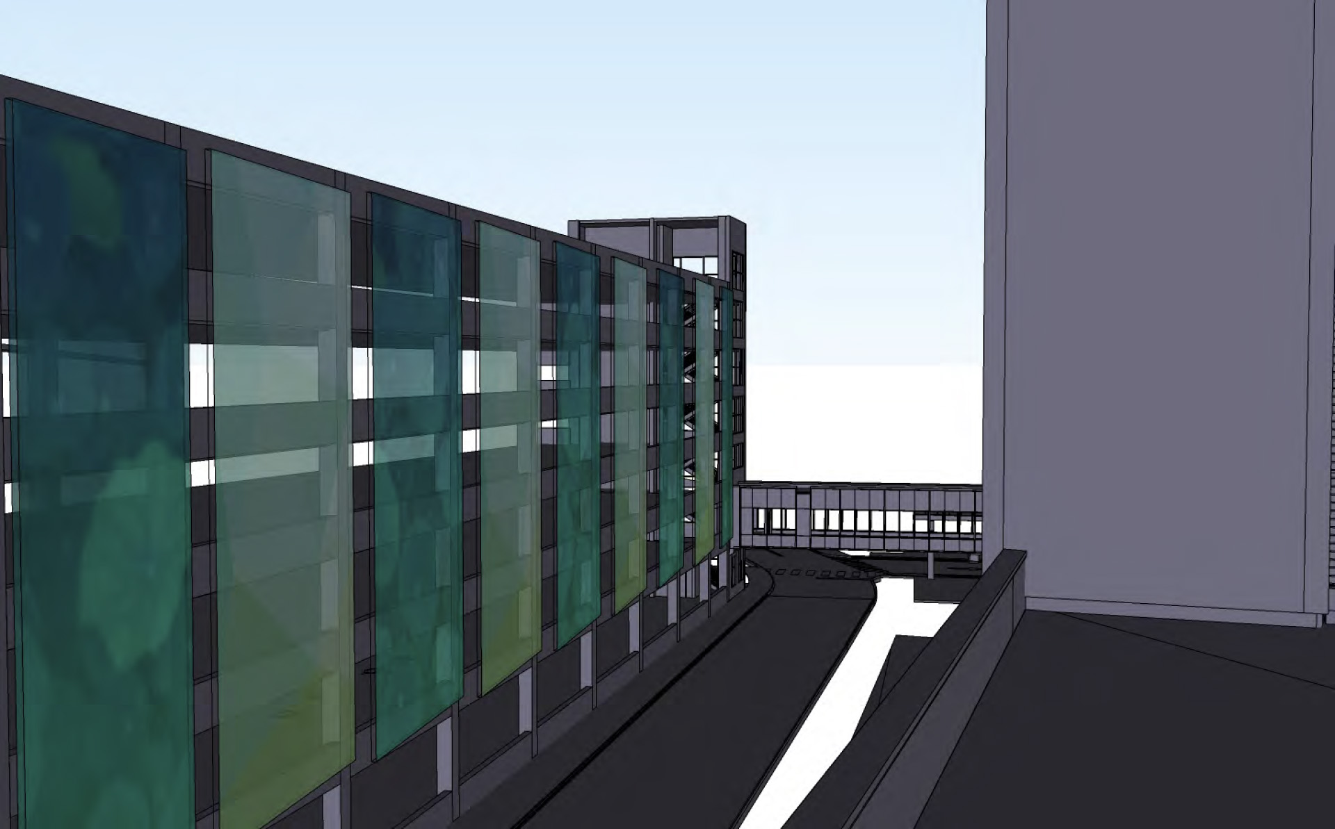 A wide angle rendering of the facade installed.