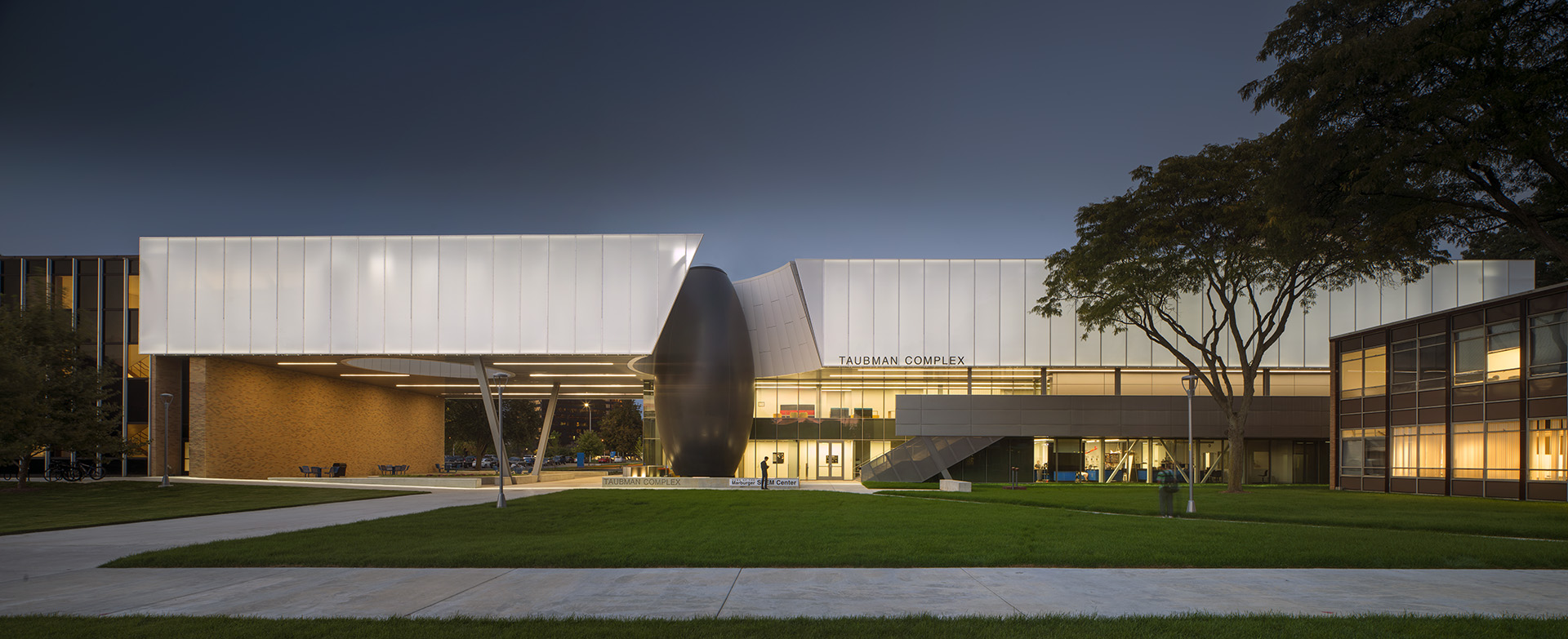 A wide view of the entire building showing the facade in context.
