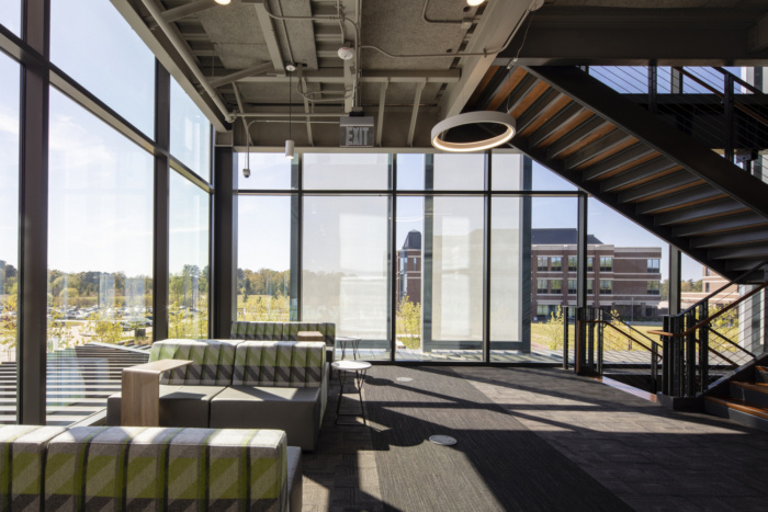 A view from inside the structure looking out through the facades.