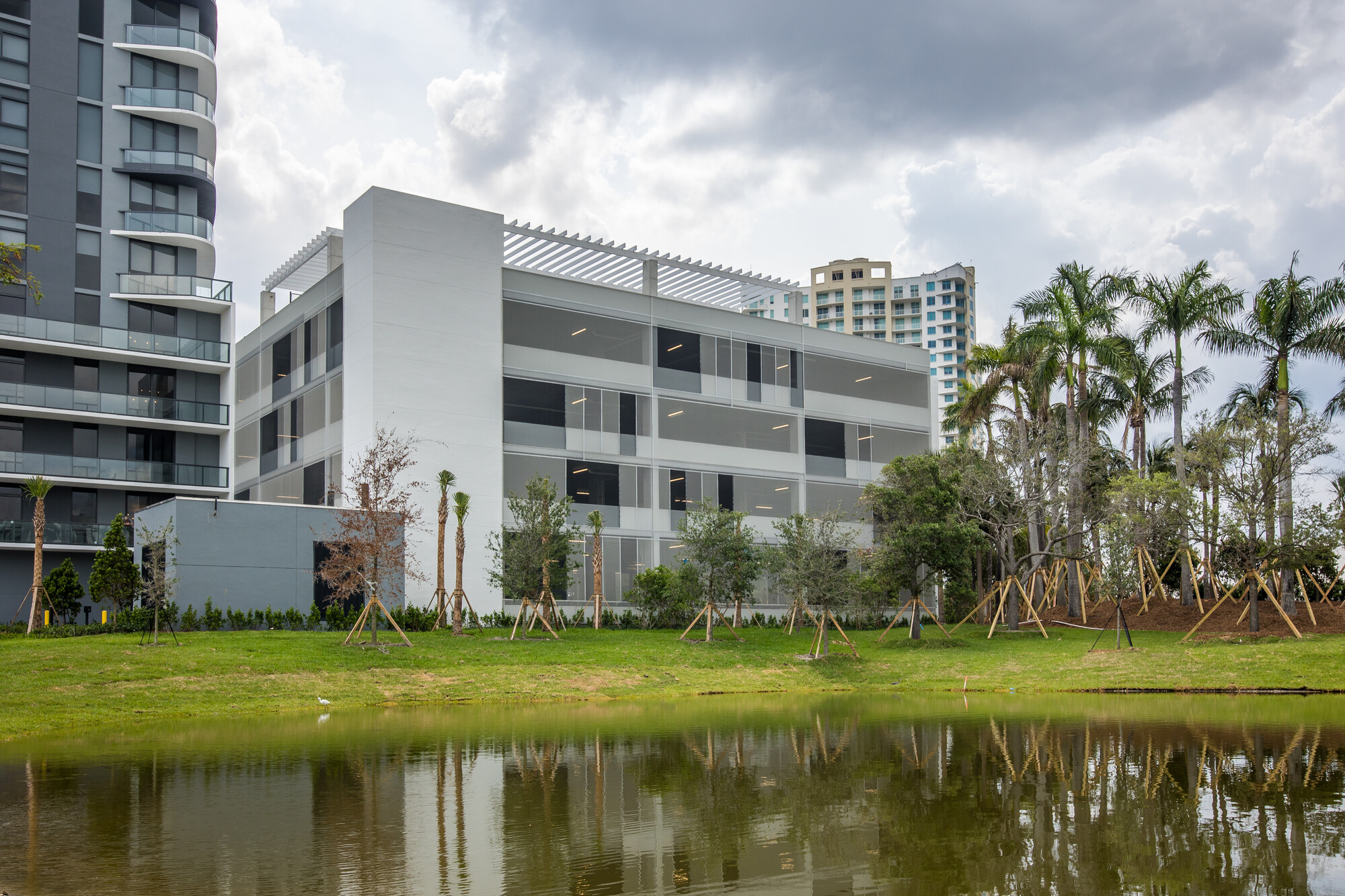 A view of the faade from across a pond.
