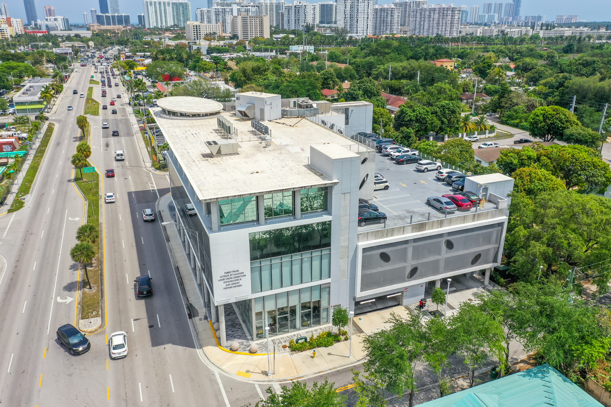 A wide view of the building showing the facade in context.