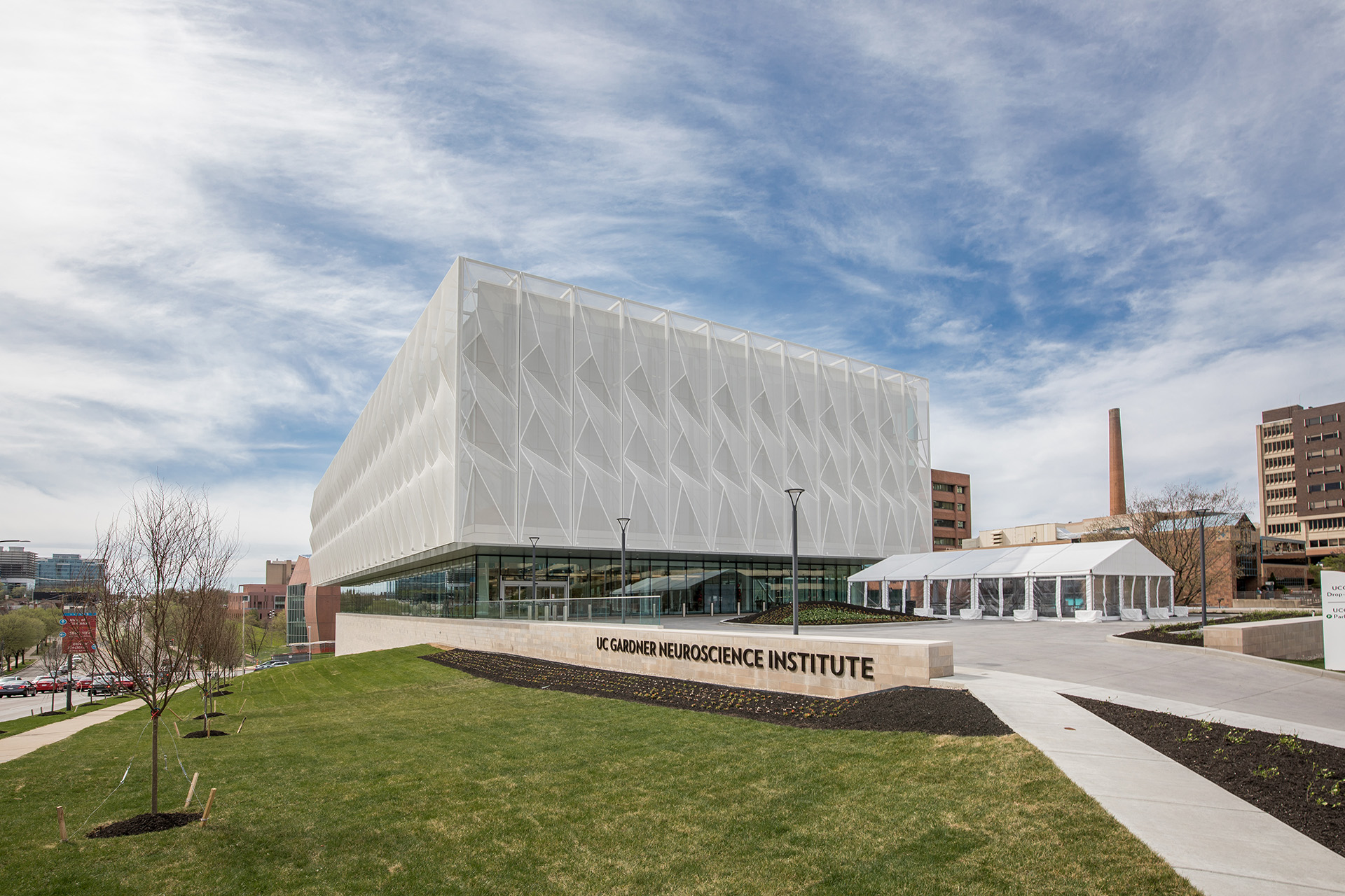 A wide view of the facade during the daytime showing how the 3d detailing is more subtle during the day..