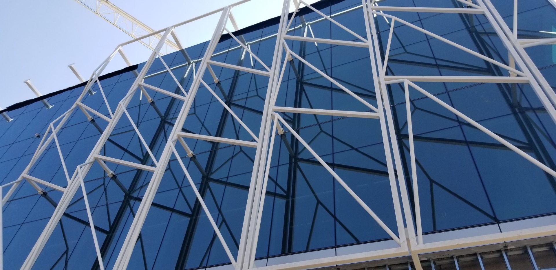 An image of the steel cladding before the tensile portion of the facade was installed.