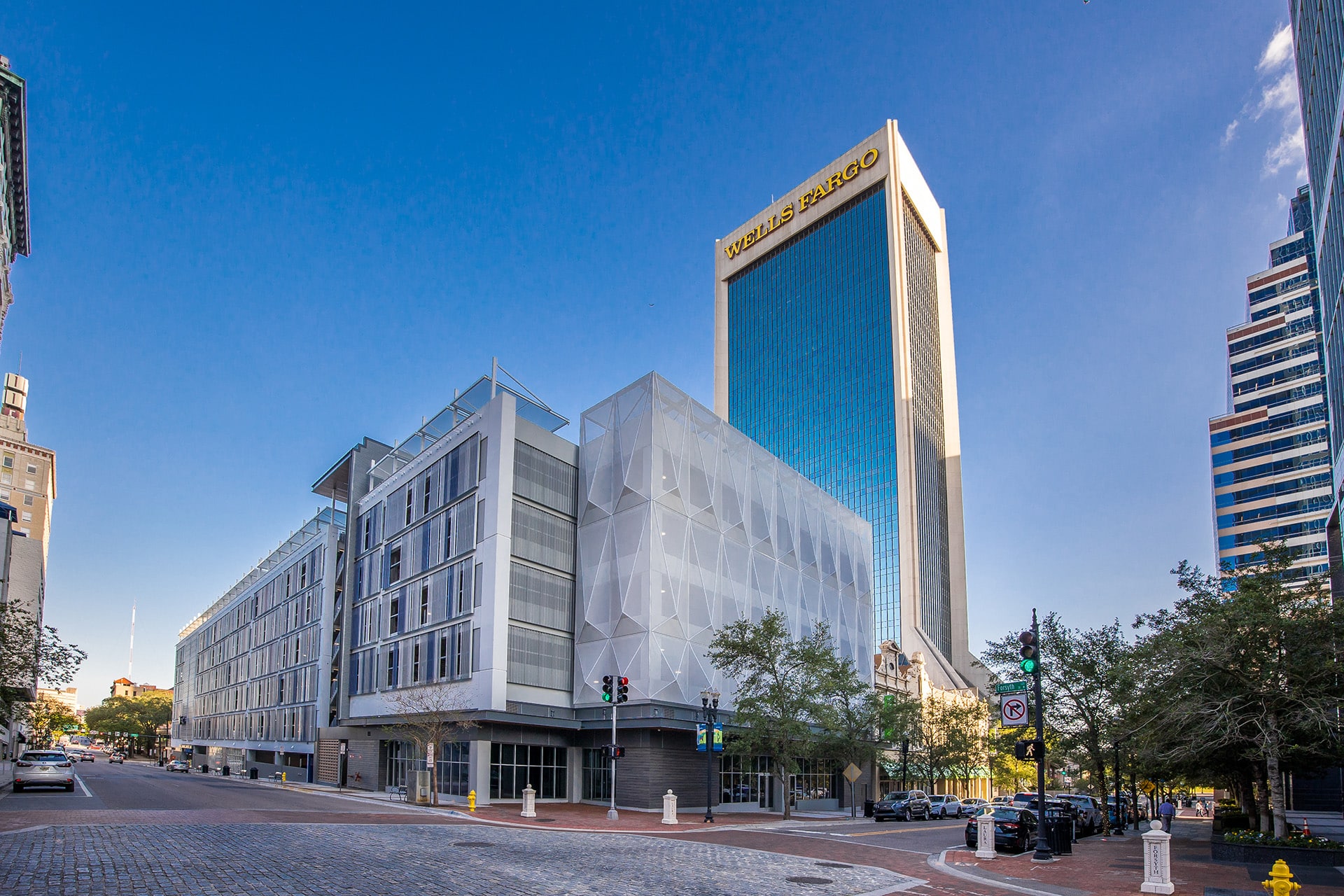 A wide view of the structure showing both facades in context with each other.