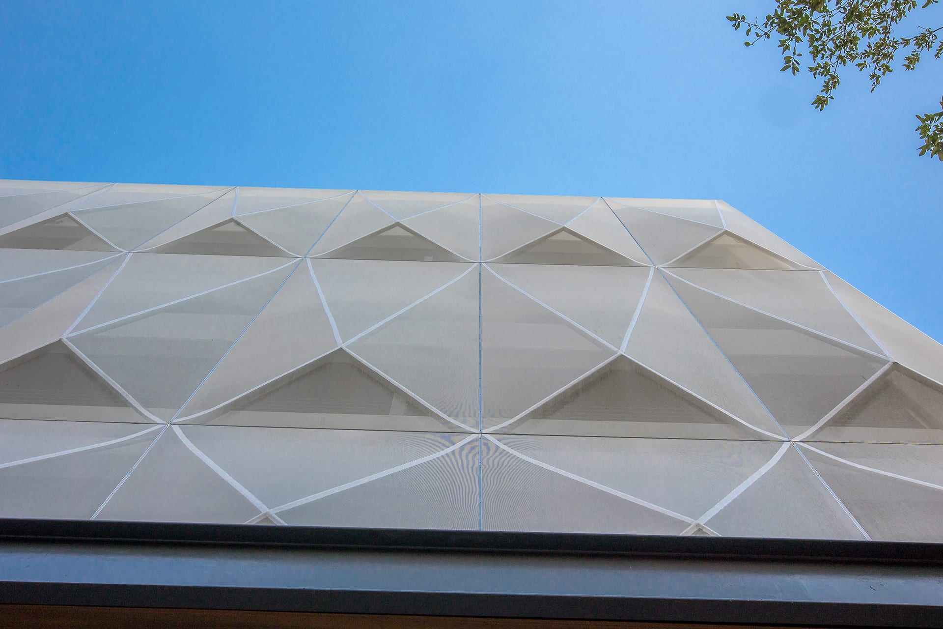 A view of the 3D facade elements from the street.