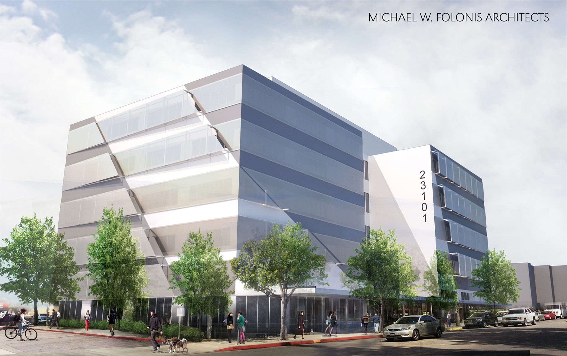 A rendering of the full building showing the full facade in context.