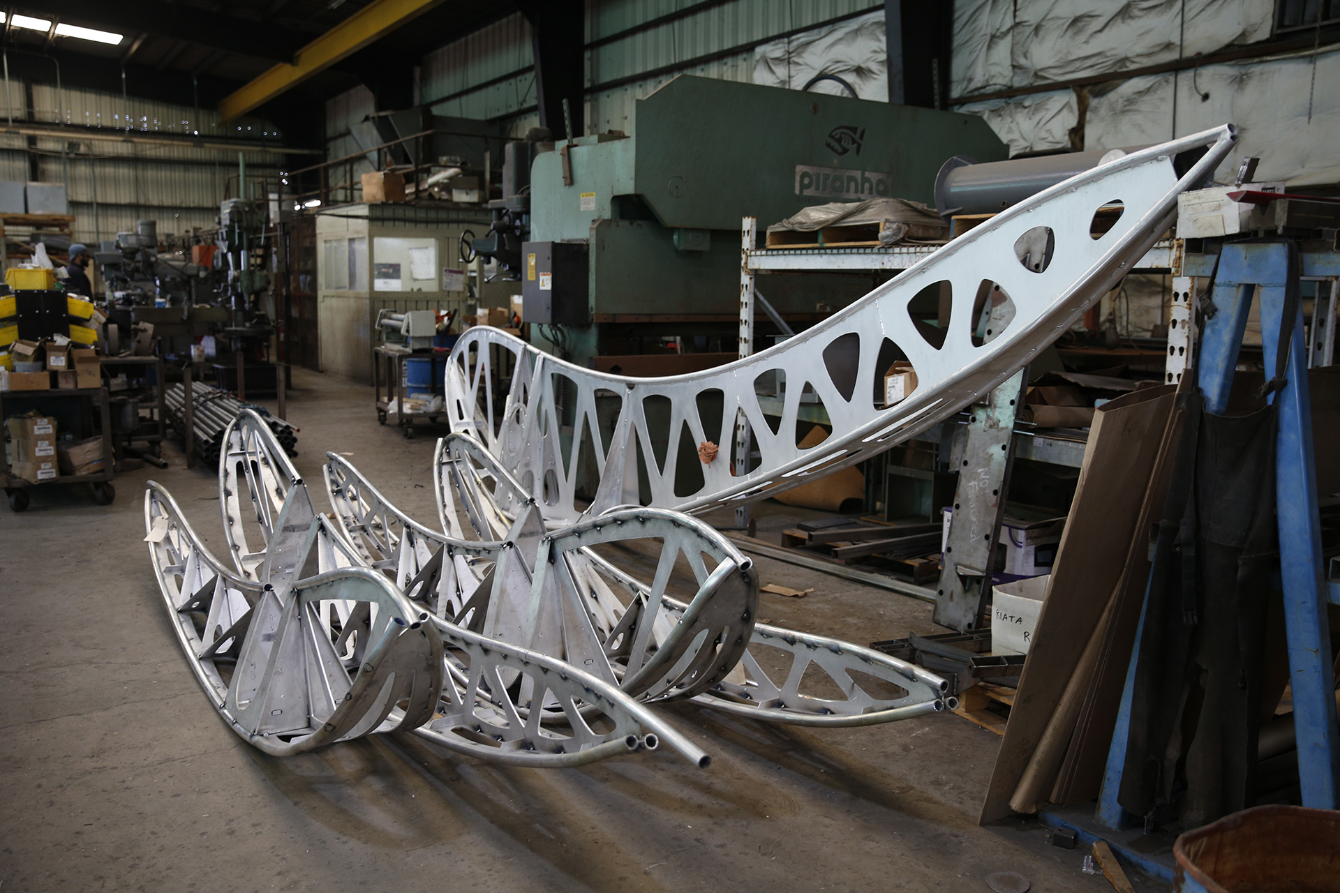 The steel structural component of the "feathers" before the material is installed.
