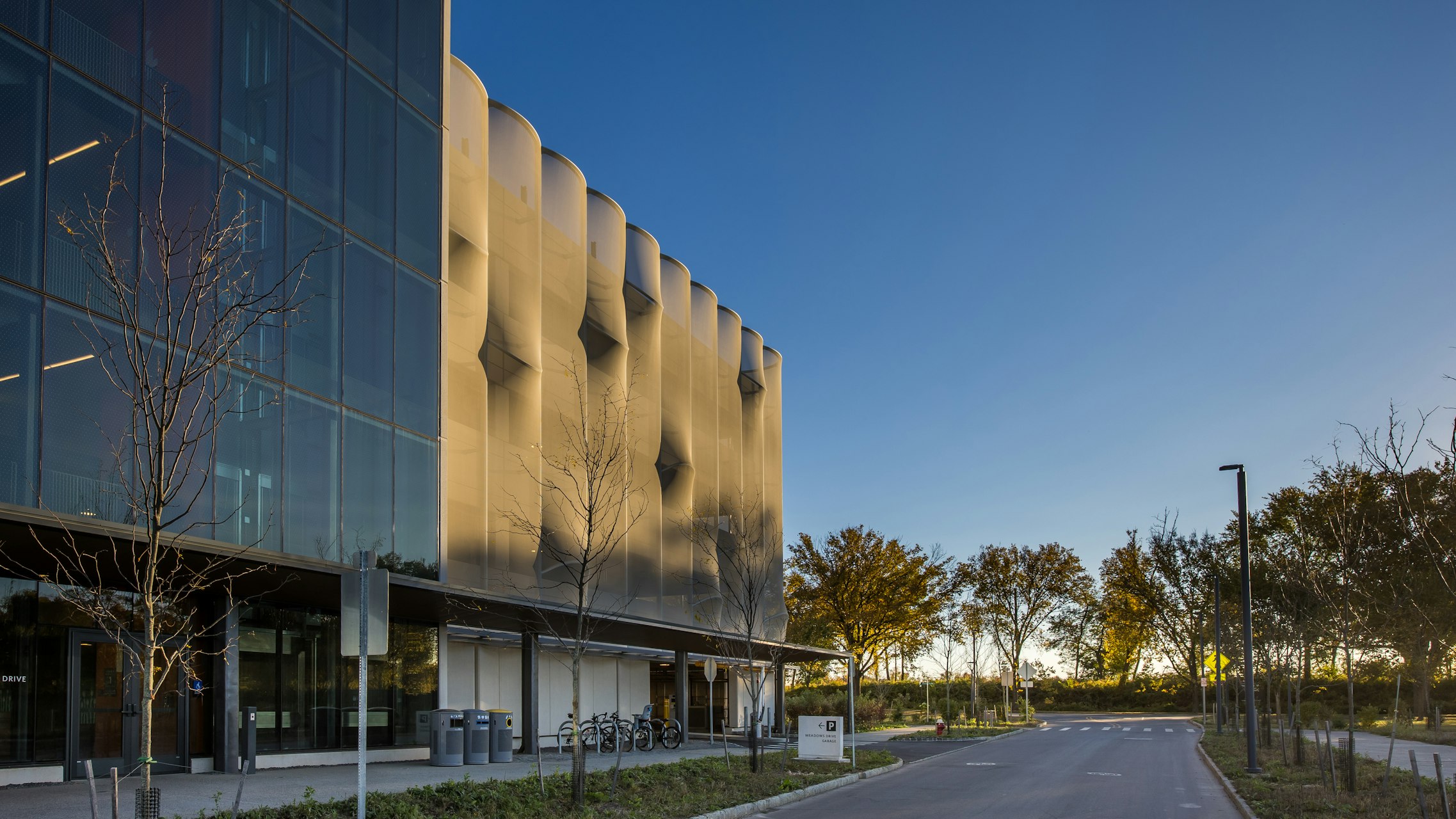 A view of the facade in holden hour, showcasing more colors and shadows on the facade.