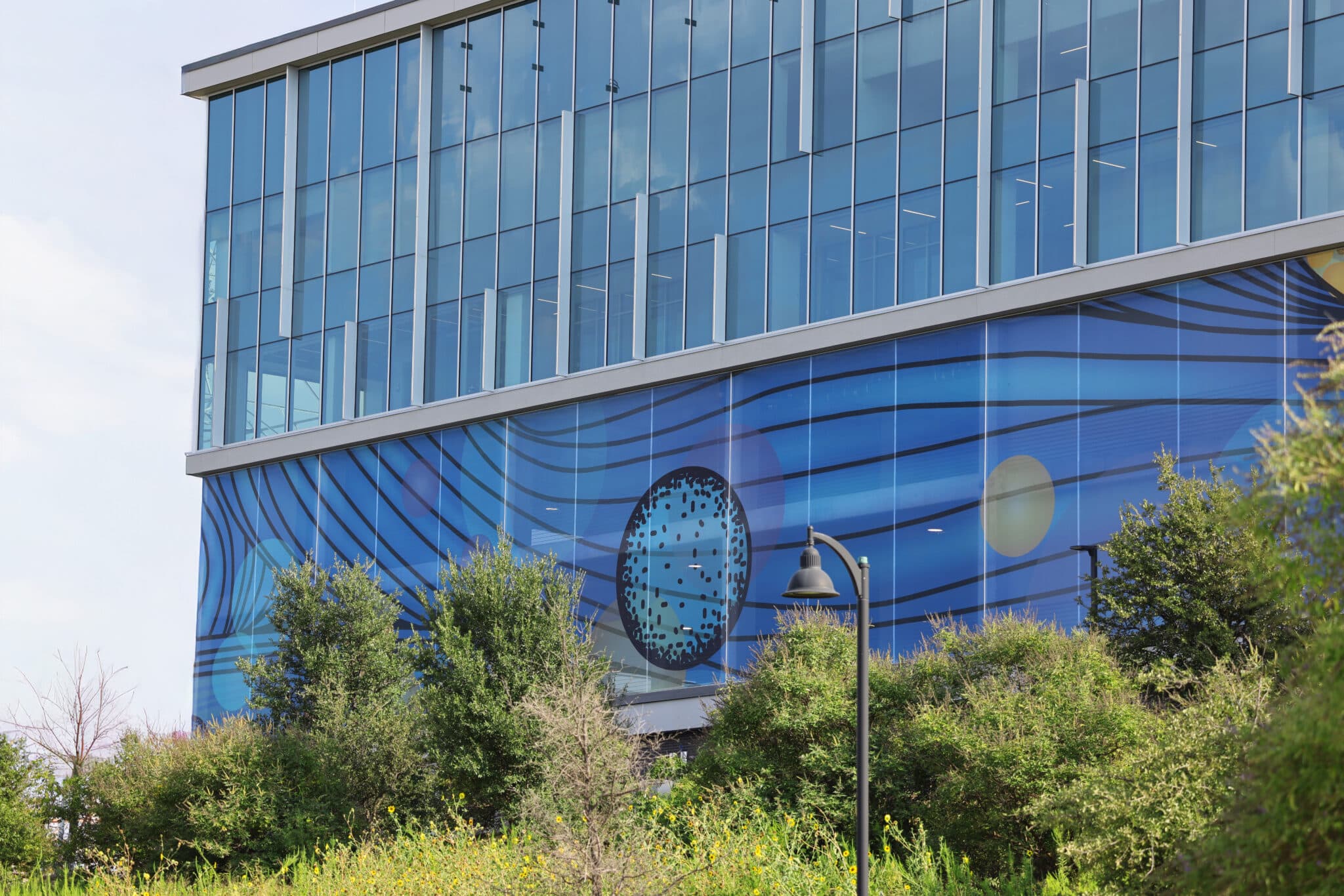 An image of a blue space like facade peaking out through vibrant green trees.