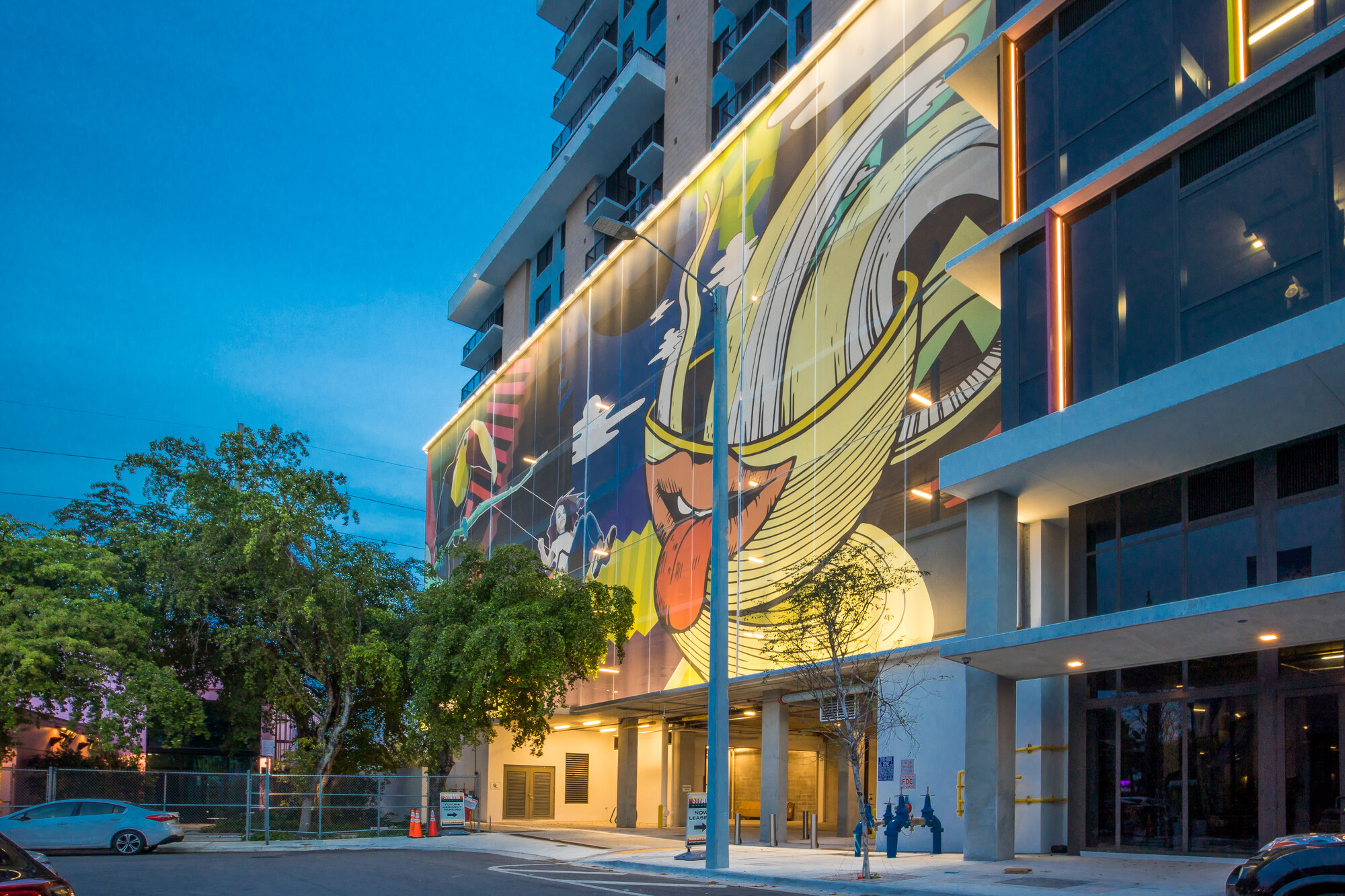 A close up view of the graffiti inspired facade.