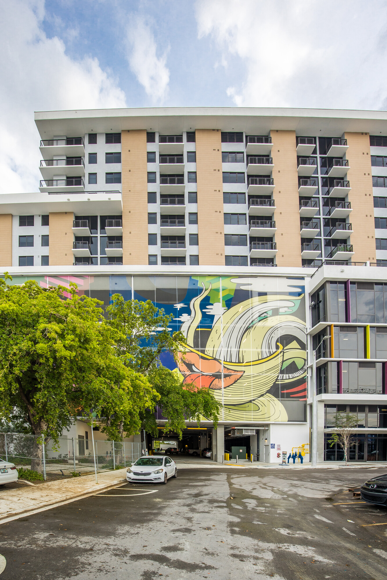 Another view of the graffiti inspired facade, showing it in context with the building it sits on.