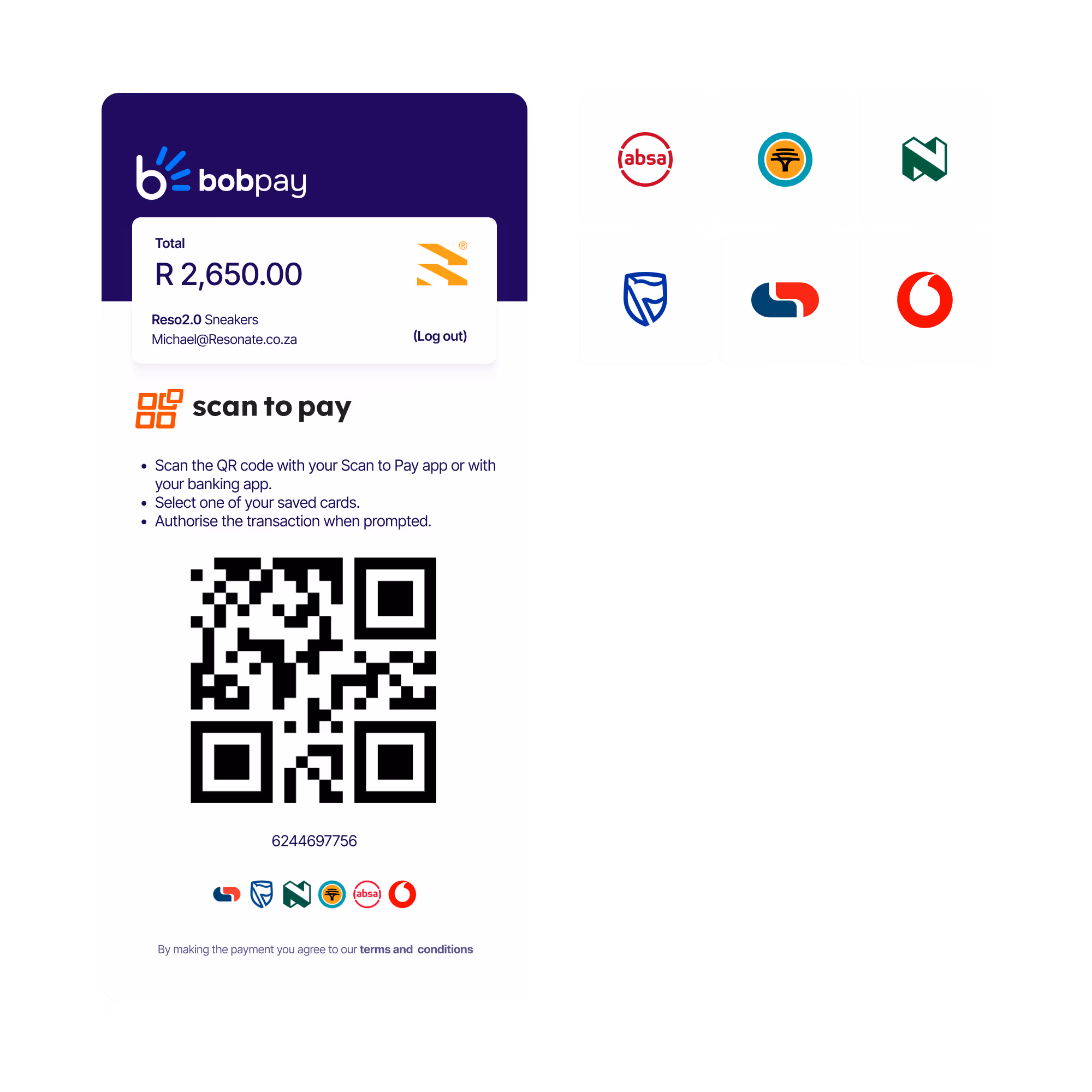 Bob Pay checkout screen for a R2,650.00 purchase showing Scan to Pay option with QR code and supported bank logos including Absa, FNB, Nedbank, Standard Bank, and Capitec.