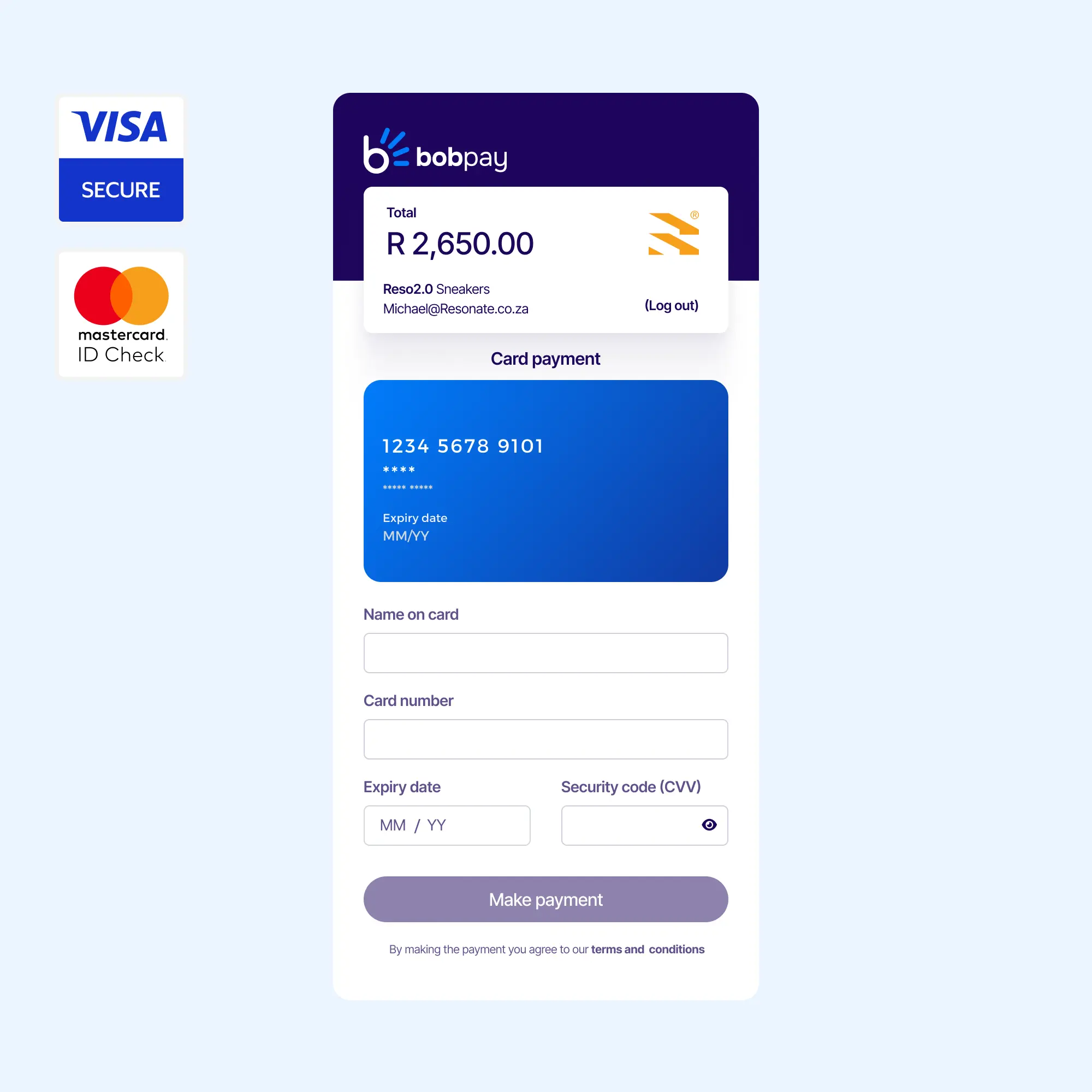 Bob Pay checkout screen for a R2,650.00 purchase showing credit or debit card payment form with Visa Secure and Mastercard ID Check logos.