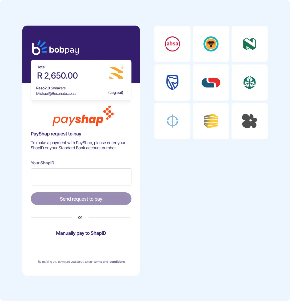Bob Pay checkout screen for a R2,650.00 purchase showing PayShap payment option, prompting the user to enter a ShapID or Standard Bank account number.