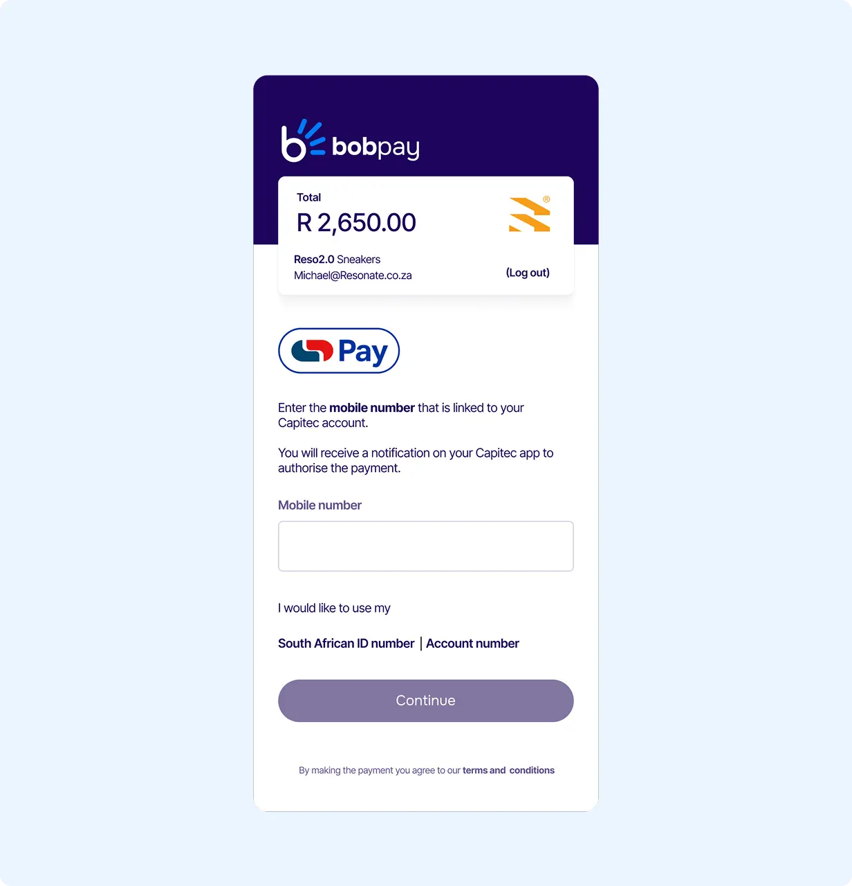 Bob Pay checkout screen for a R2,650.00 purchase showing Capitec Pay verification, prompting the user to enter their linked mobile number.