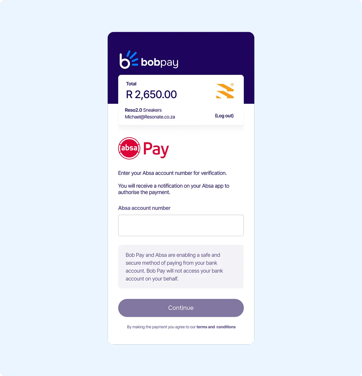Bob Pay checkout screen for a R2,650.00 purchase showing Absa Pay verification, prompting the user to enter their Absa account number.”