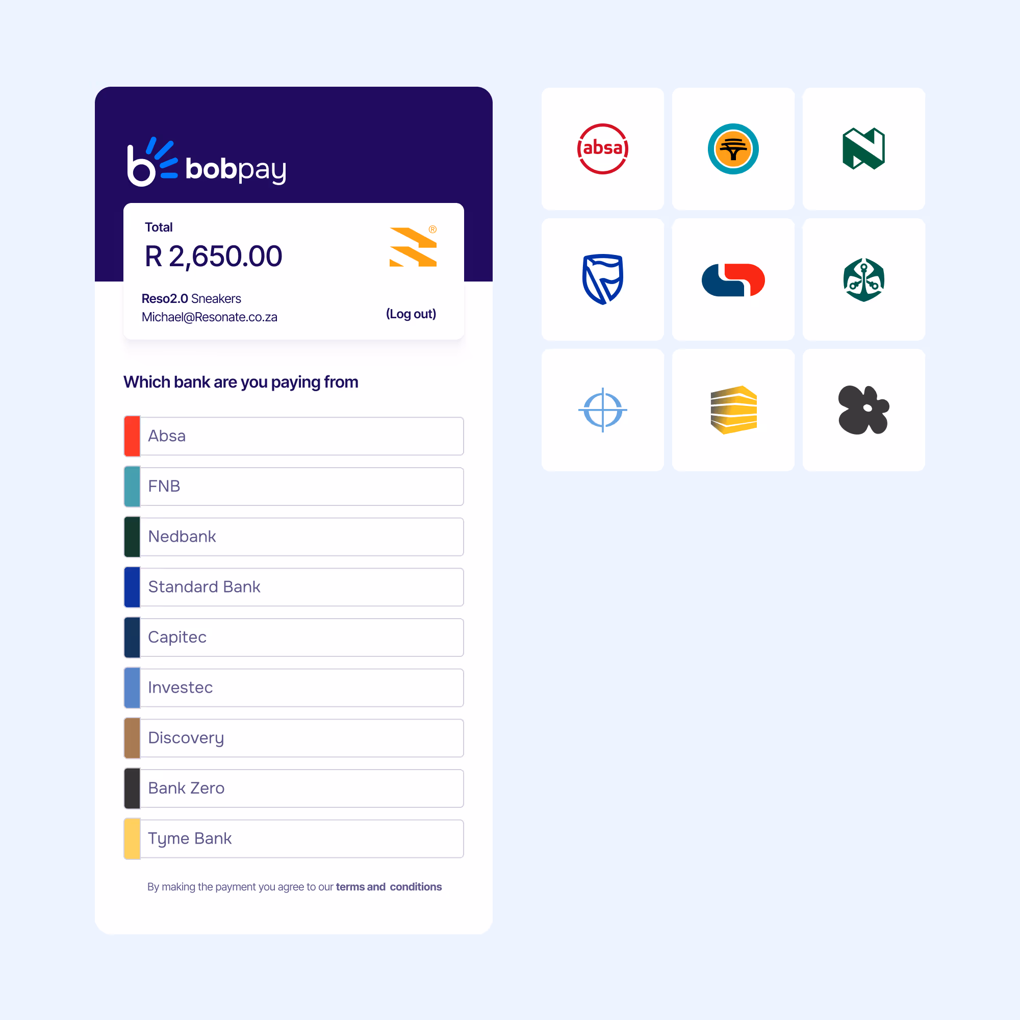 Bob Pay checkout screen displaying a payment of R2,650.00 with bank selection options including Absa, FNB, Nedbank, Standard Bank, Capitec, Investec, Discovery, Bank Zero, and Tyme Bank.