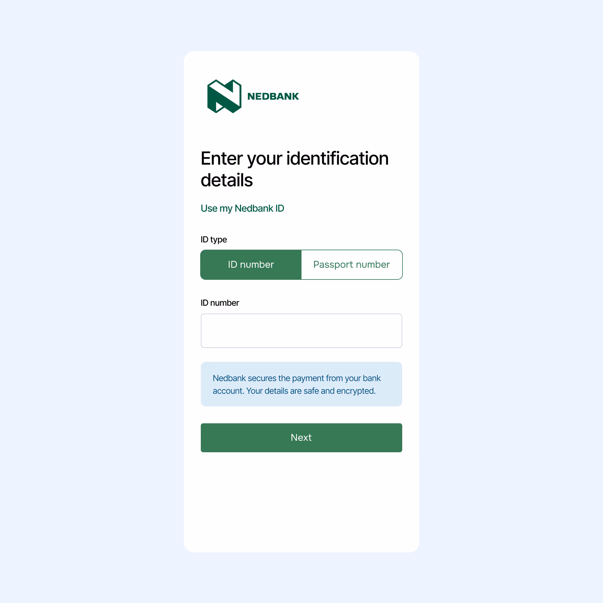 Nedbank payment verification screen prompting users to enter ID or passport number for secure authentication.