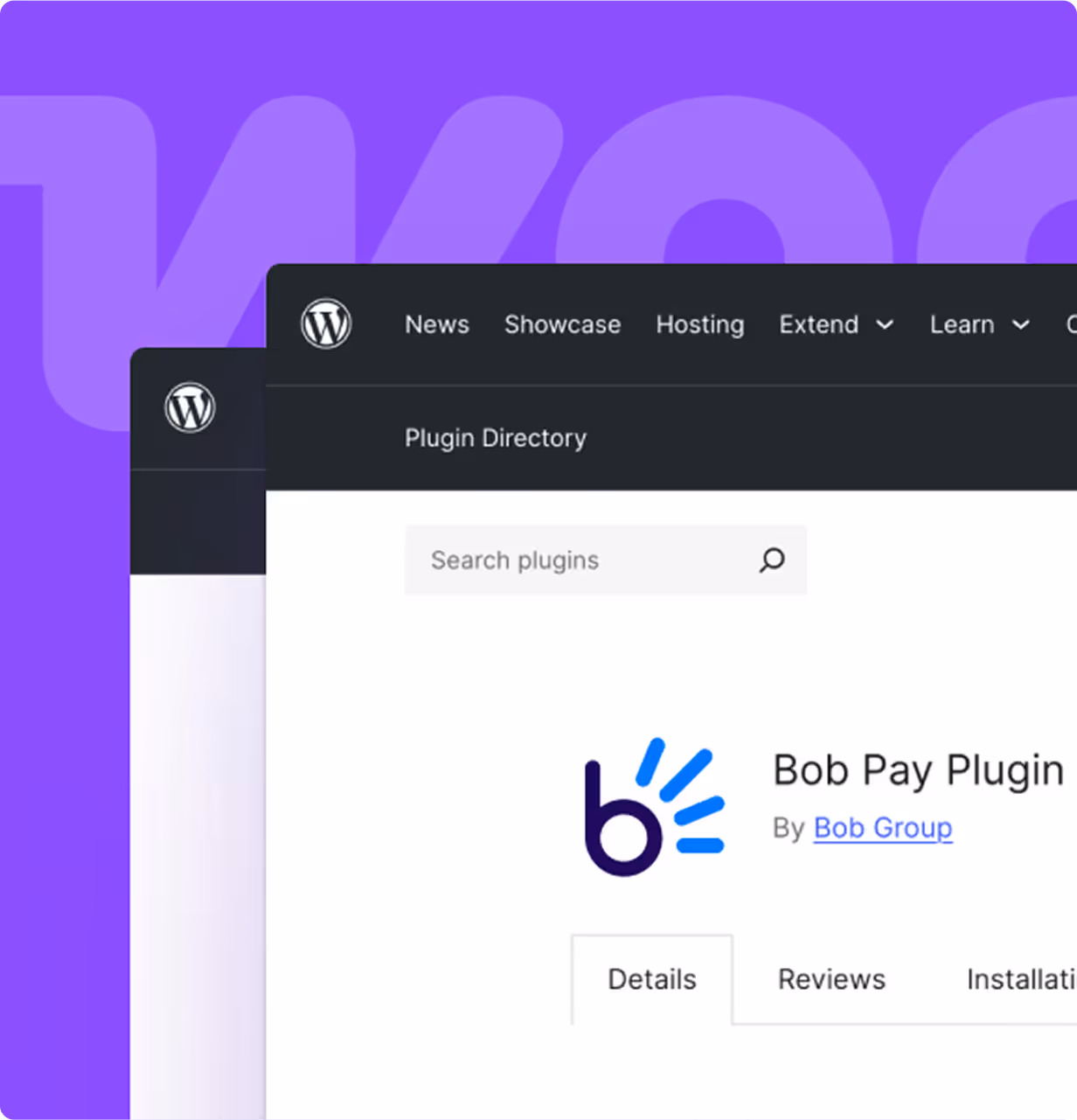 Bob Pay plugin listing in the WordPress Plugin Directory, displayed against a purple background with WooCommerce branding.