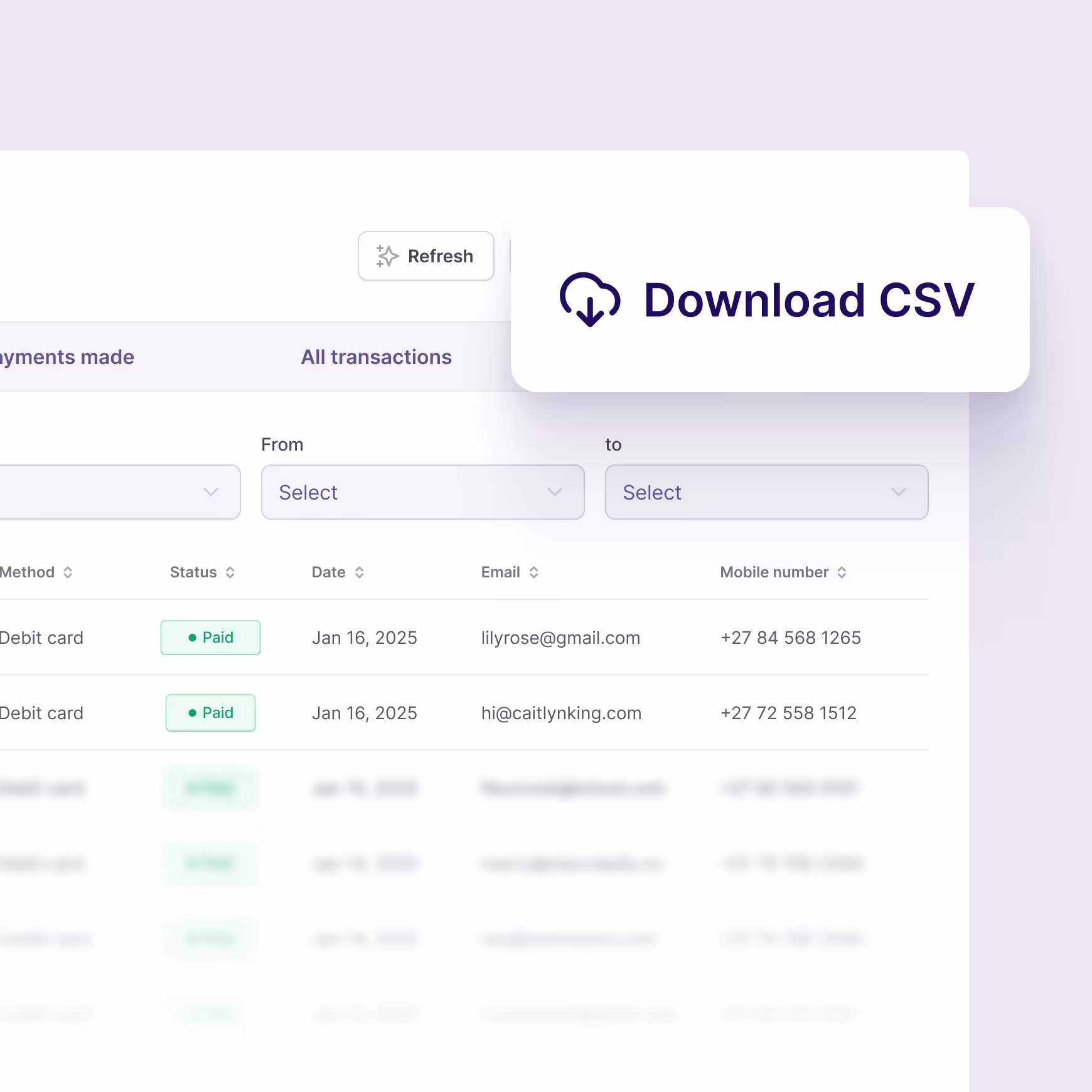 Bob Pay transactions dashboard showing a payment table with status, date, and contact details, and a highlighted button labeled ‘Download CSV.