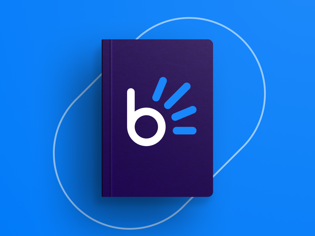 Dark purple notebook featuring the Bob Pay logo with blue accent lines on a bright blue background.