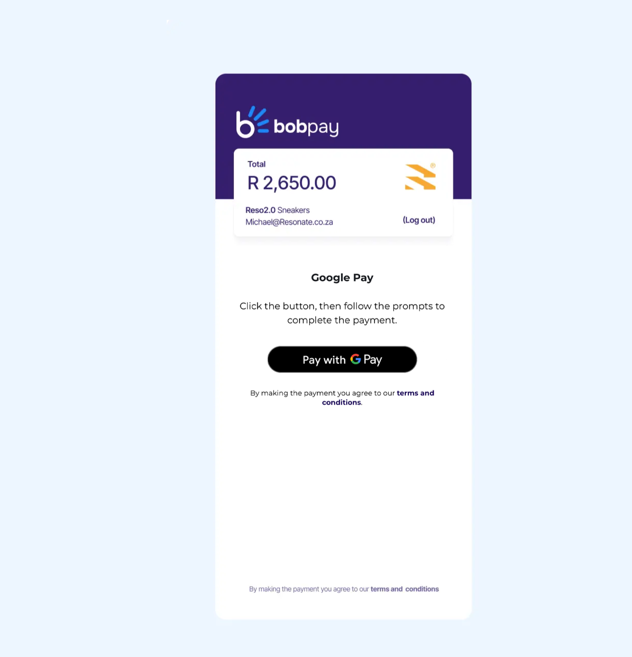 Bobpay screen showing total R 2,650 for Reso2.0 Sneakers with Pay with Google Pay button.
