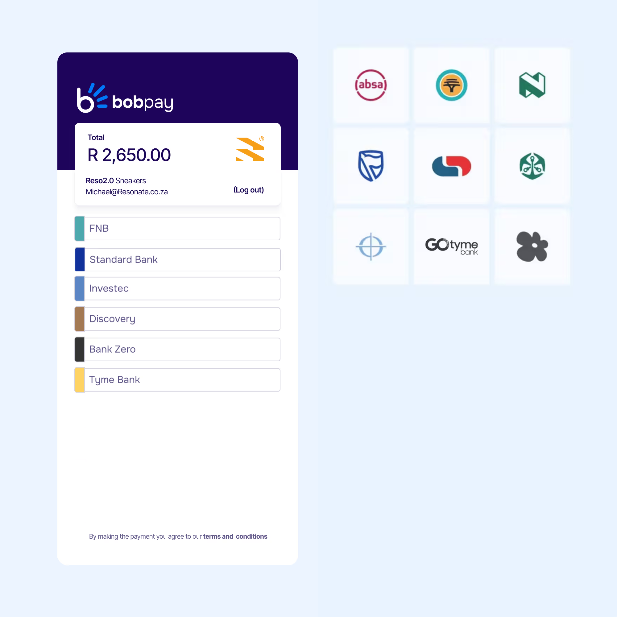 Bobpay payment interface showing total R 2,650.00, user email, bank options, and South African bank logos.