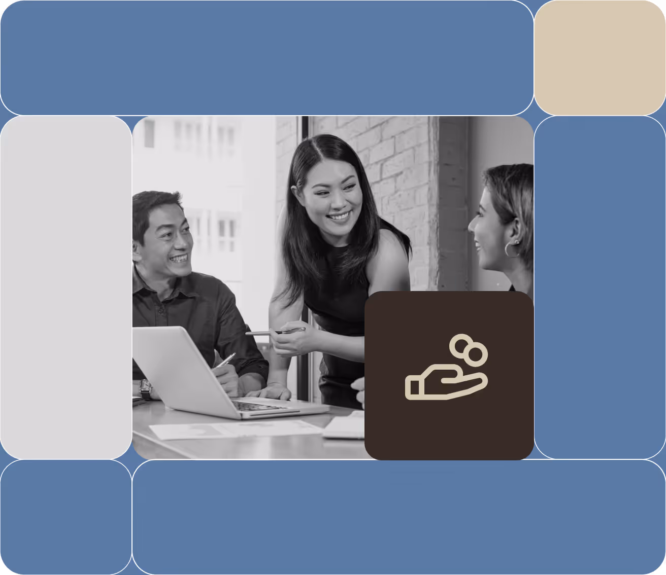 a group of people talking to each other smiling