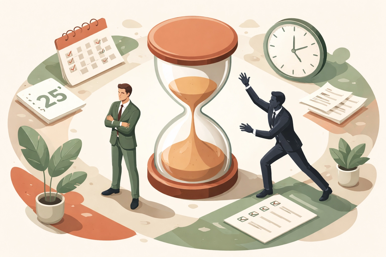 Minimalist illustration of Salesforce renewal negotiation timing with business leaders controlling negotiation deadlines.