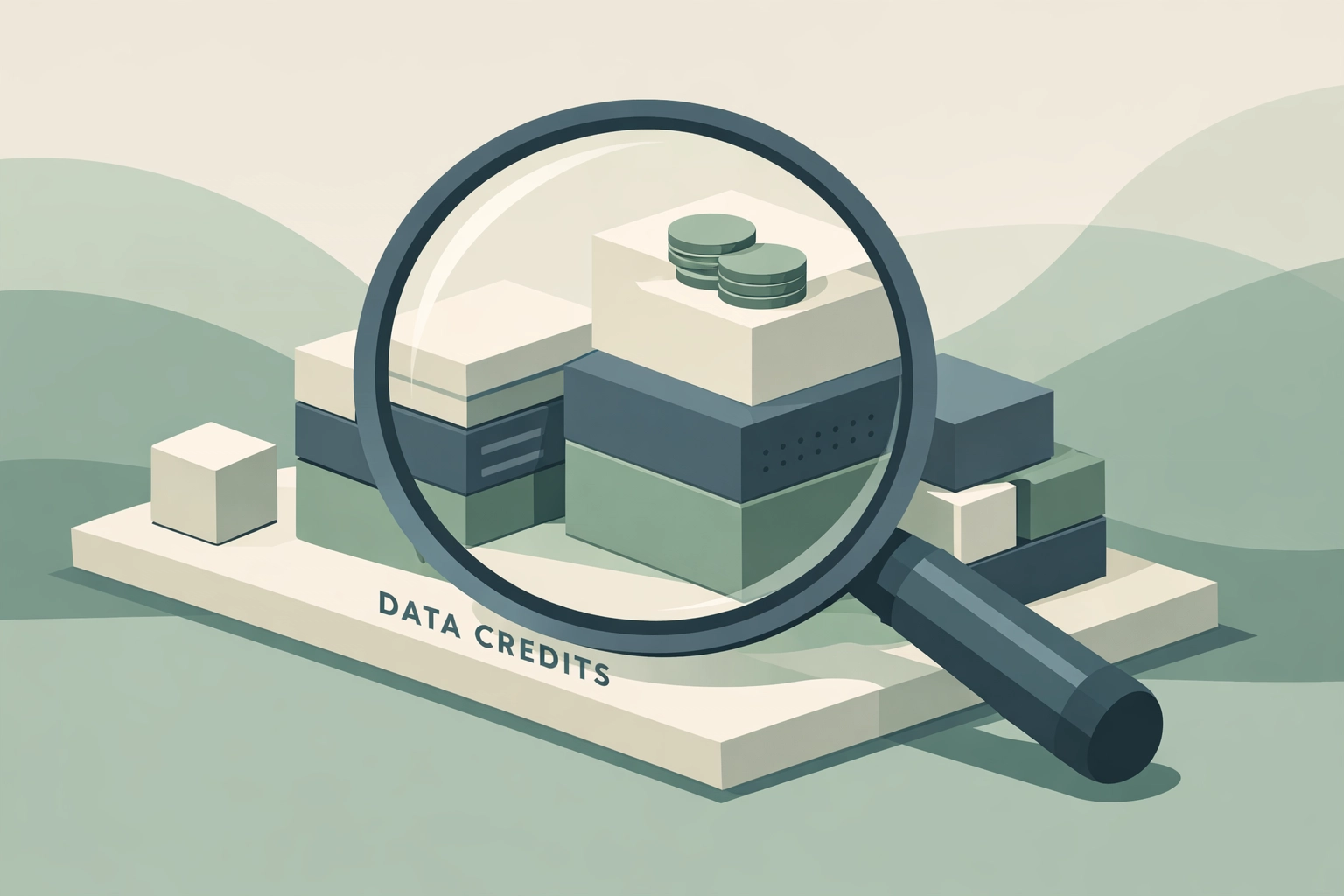 A magnifying glass over data credit blocks, illustrating transparency in AI SaaS software audits and tracking ROI.