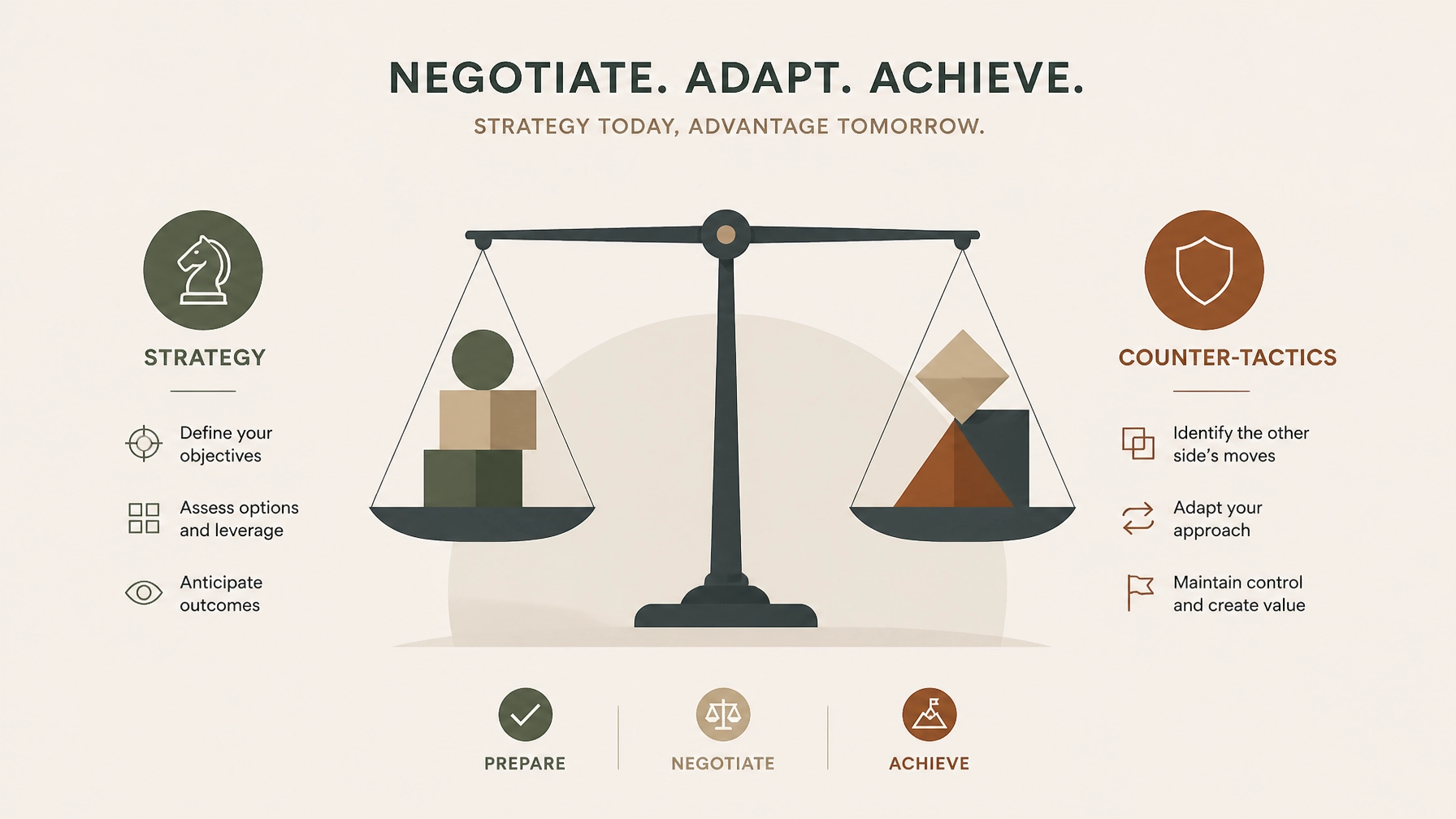 Negotiation strategy and counter-tactics, balance scale and geometric blocks