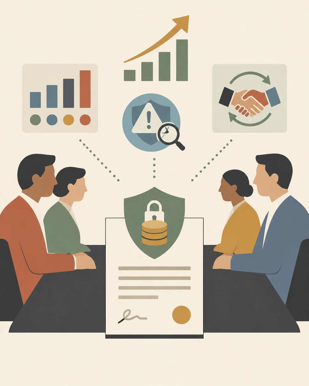 Flat-design illustration of a SaaS negotiation table with a contract, pricing shield, benchmark report, and leverage arrow