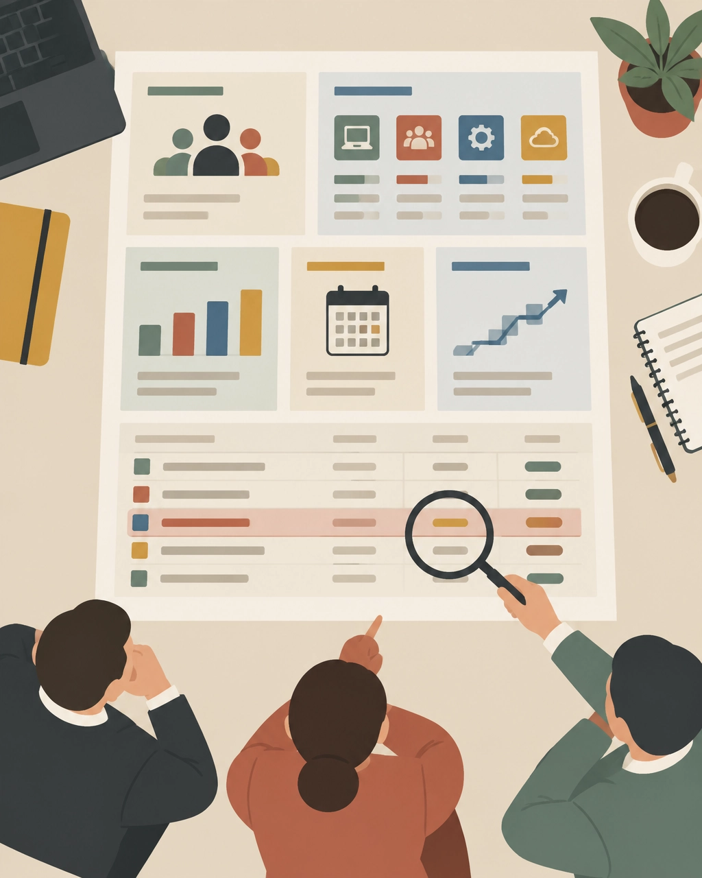 Minimalist illustration of an enterprise Workday pricing diagnostic dashboard with headcount, module usage, and benchmark analysis