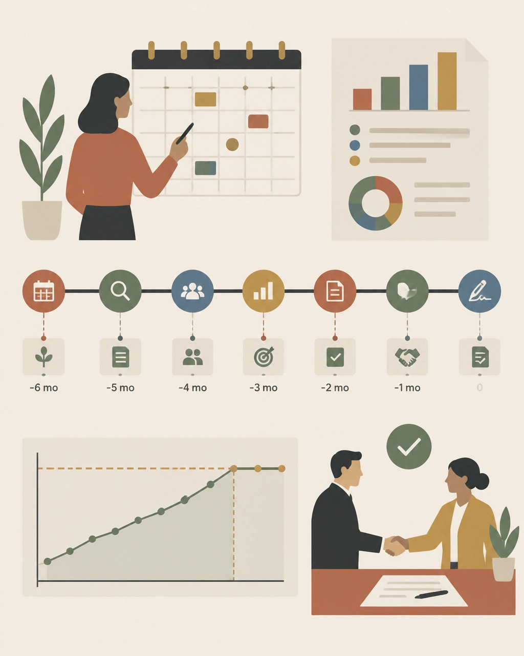 Minimalist roadmap illustration showing a six-month enterprise SaaS renewal plan with benchmark, contract, and escalator milestones