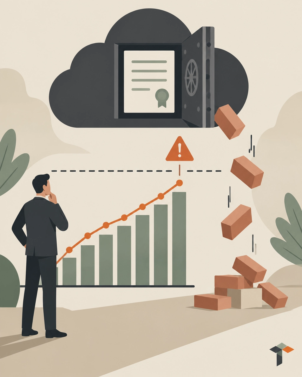 Flat-design illustration of the enterprise cloud growth commitment trap, with usage falling below a commitment threshold