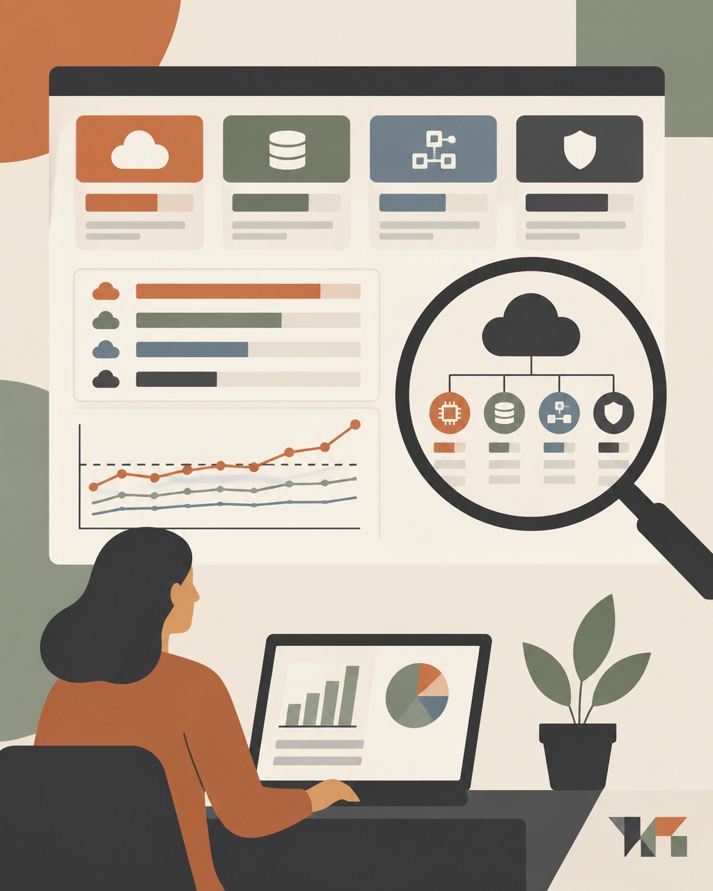 Flat-design illustration showing enterprise cloud spend benchmarking with normalized rates, usage bars, and a benchmark line
