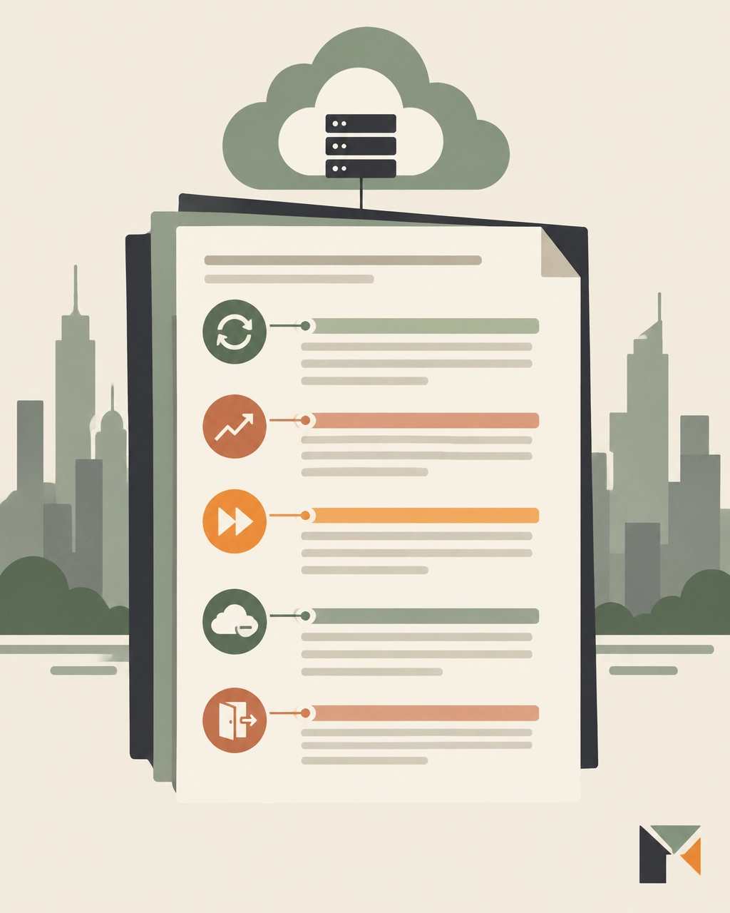 Flat-design illustration of an enterprise cloud contract risk review showing auto-renewal, escalators, true-forward, carve-outs, and an exit path