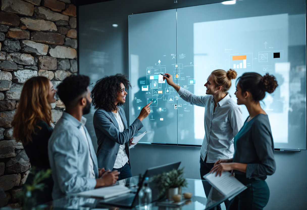 Business team collaborating in front of a digital board displaying data and charts, symbolizing ELMA’s hands-on, data-driven approach to supply chain solutions.