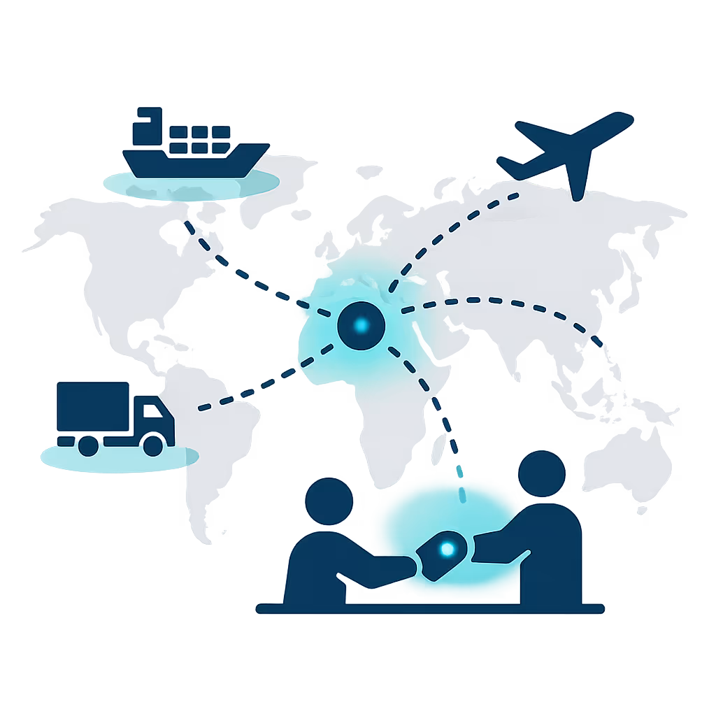 Flat-vector illustration of a world map with connected hubs and thin dotted network lines linking ports, warehouses, and factories, with small cargo icons — representing ELMA’s supply chain strategy and optimization.