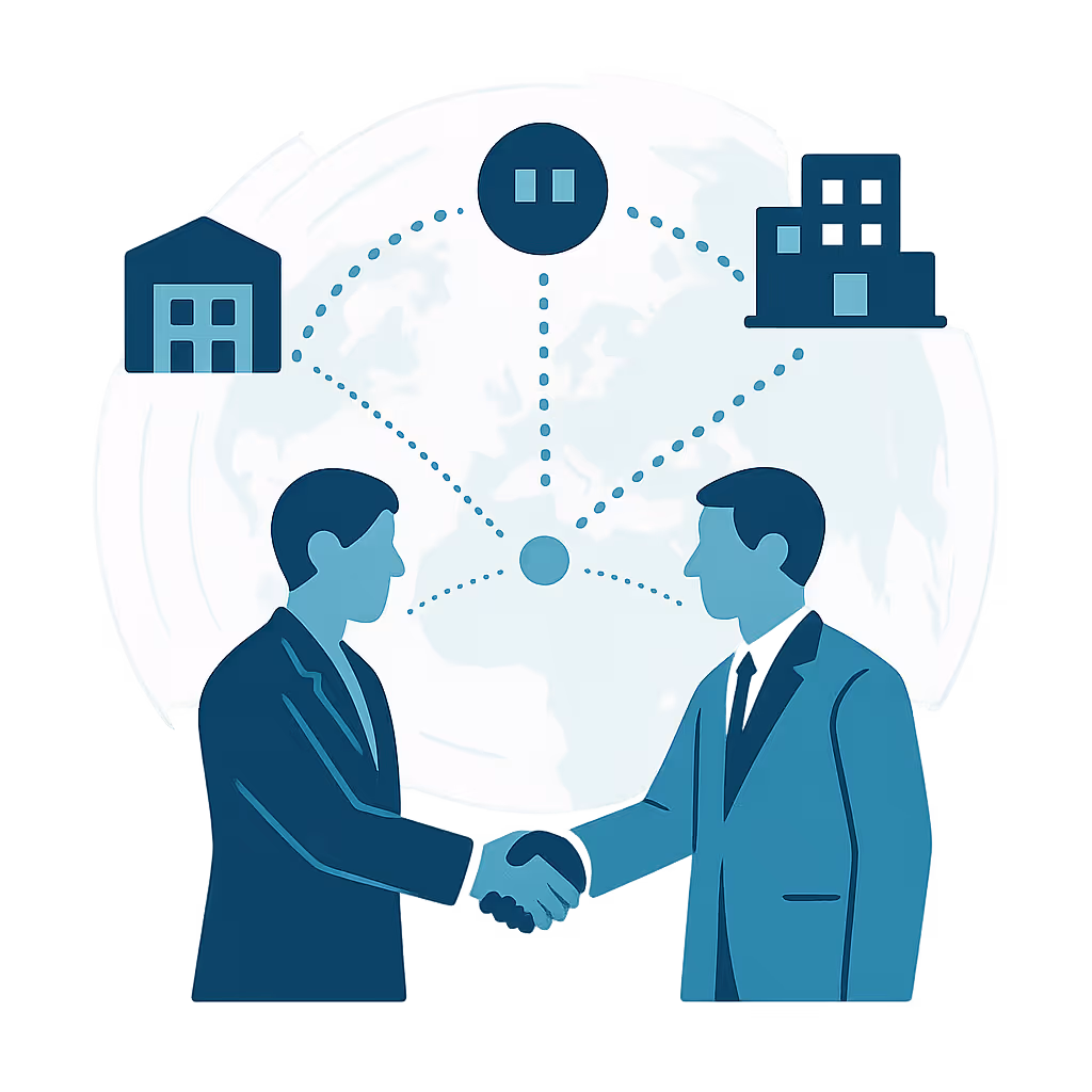 Flat-vector illustration of two professionals shaking hands with dotted teal lines radiating outward to global partner hubs on a faint world map — symbolizing ELMA’s business development and partnership growth services.