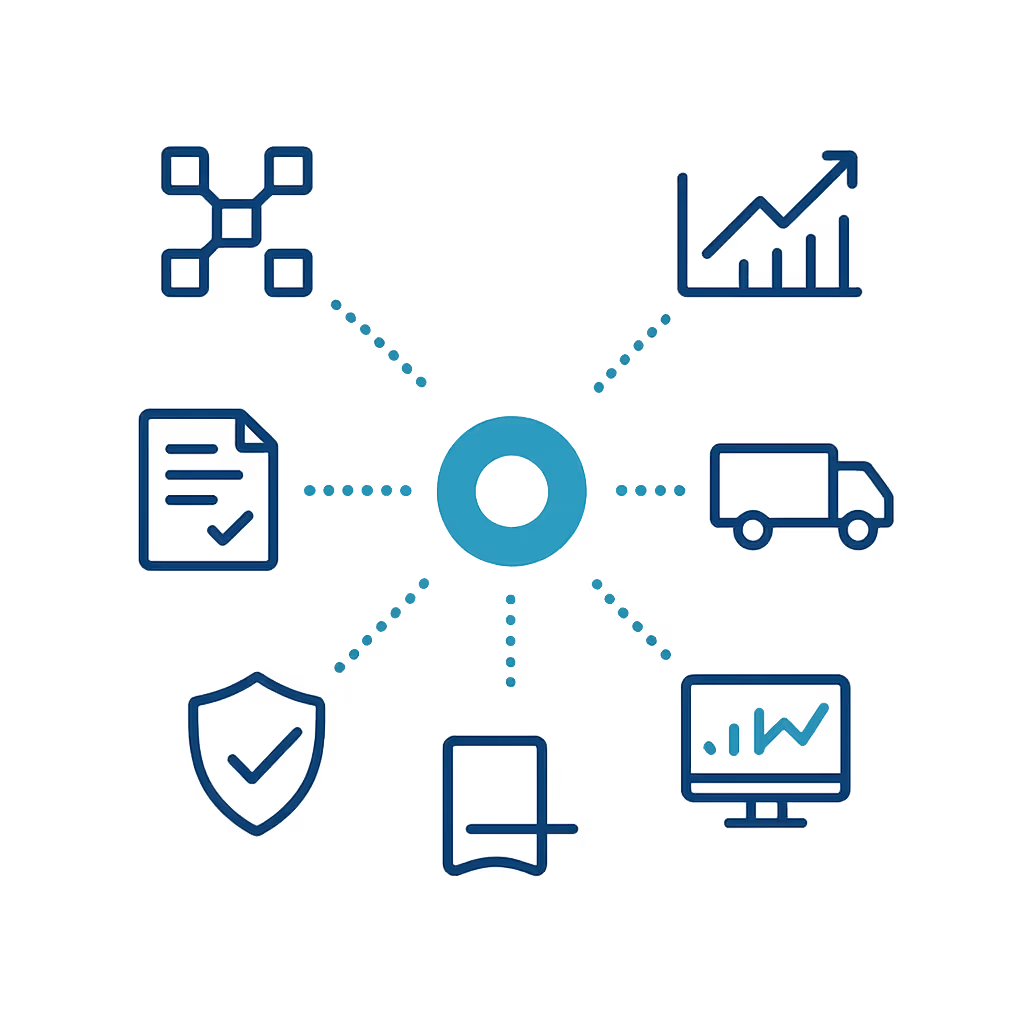 Vector graphic of a central hub connected to icons for strategy, procurement, forecasting, logistics, risk, and analytics.
