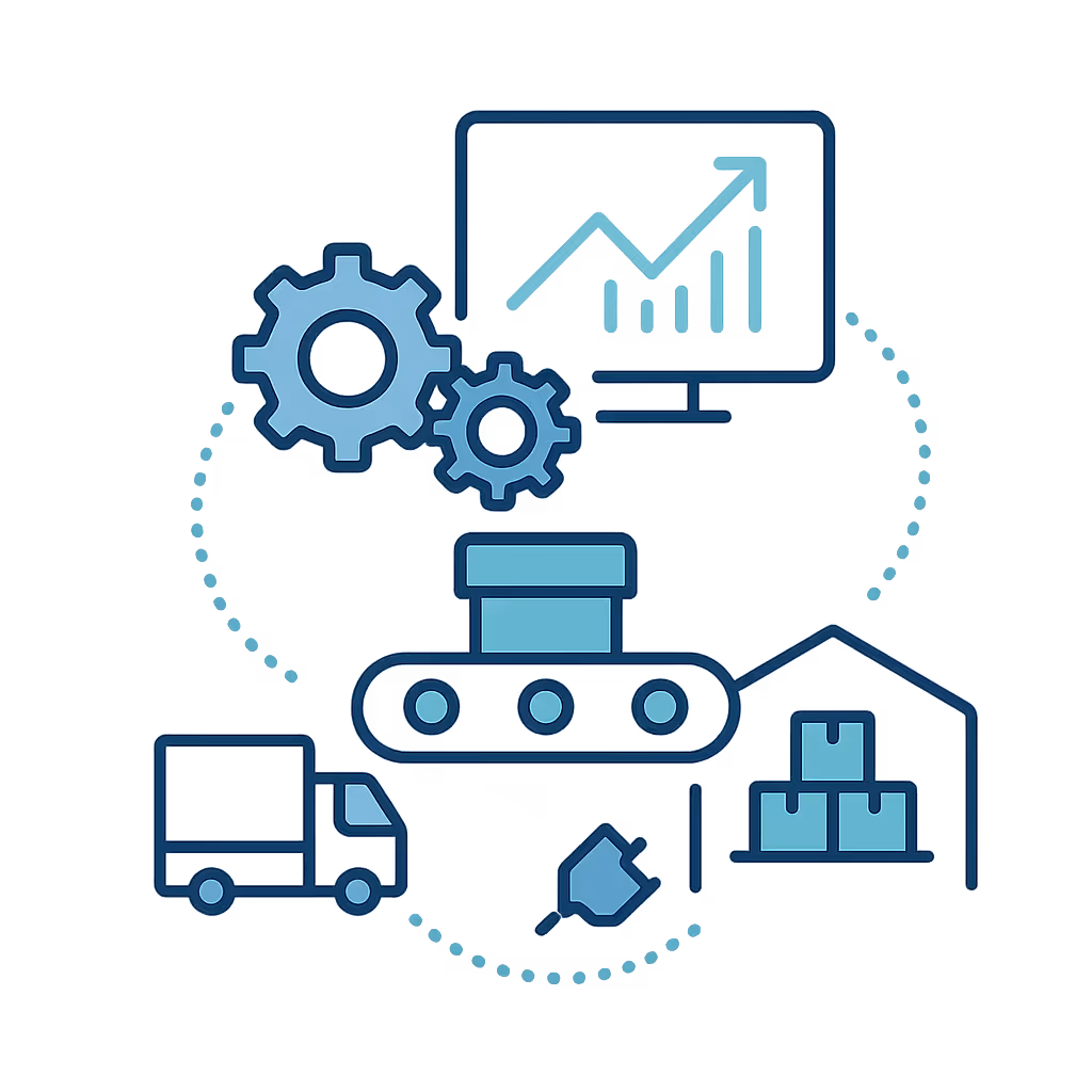 Illustration of a conveyor belt with gears, a dashboard, and connected truck and warehouse icons for process efficiency.