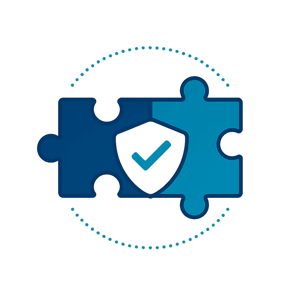 Illustration of a teal puzzle piece fitting into a navy puzzle with dotted arcs symbolizing tailored solutions.