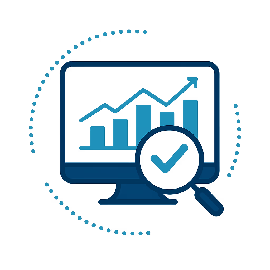 Vector illustration of a dashboard with bar and line charts highlighted by a magnifying glass symbolizing KPI measurement.