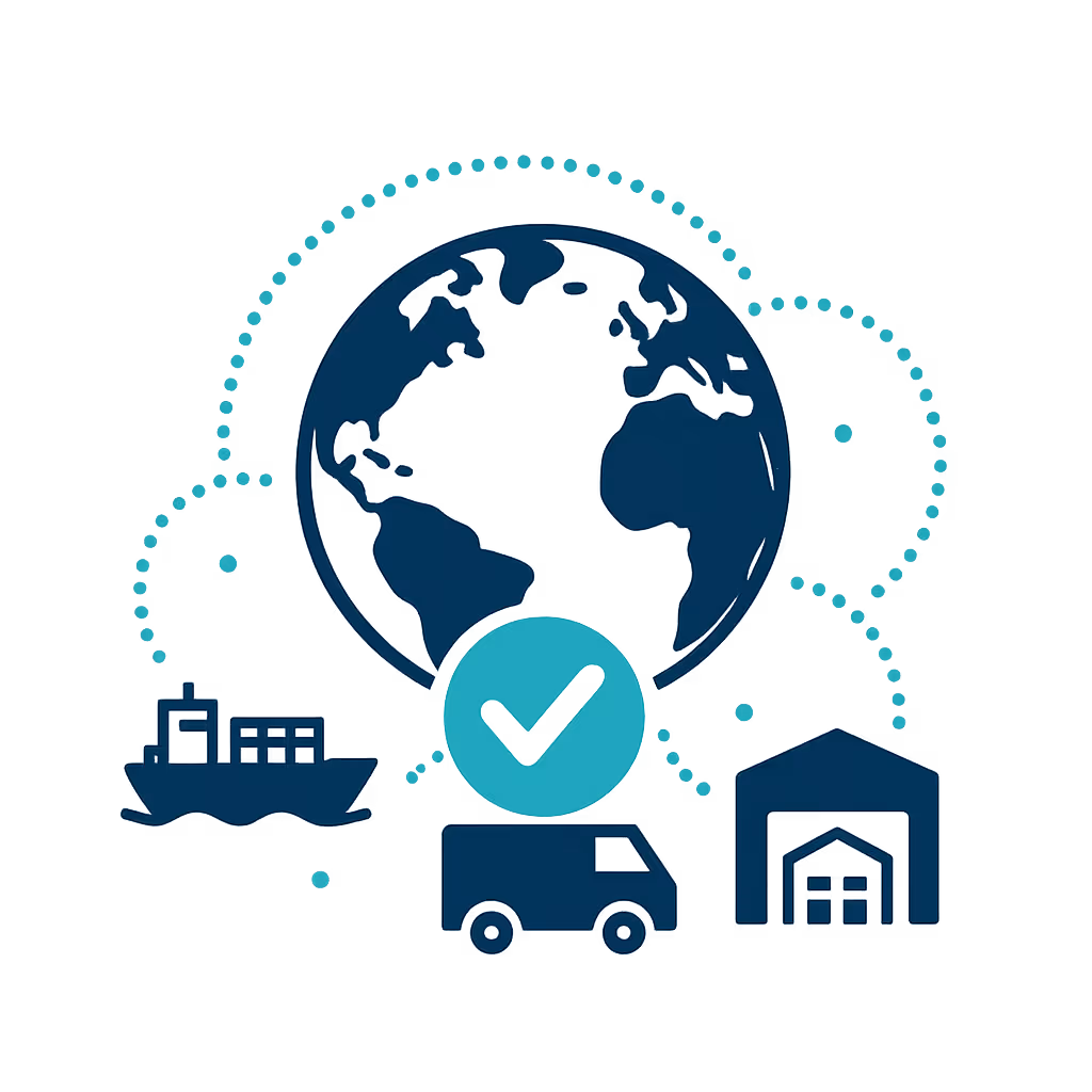 Illustration of a globe with dotted network lines connected to a cargo ship, delivery truck, and warehouse icons.