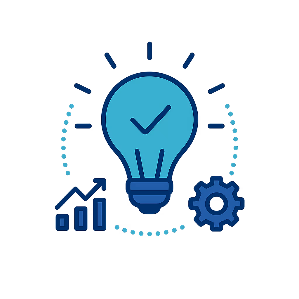 Flat vector illustration of a glowing teal lightbulb surrounded by a gear and a chart symbolizing innovation and expertise.